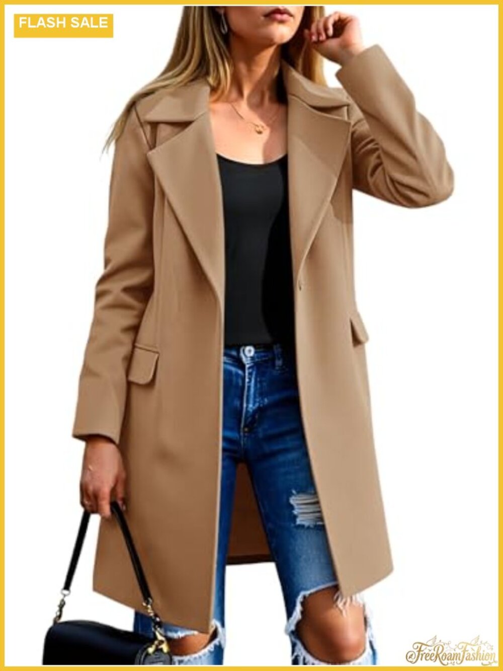 Women's Pea Coat Notch Lapel Single Breasted Wool Blend Winter Overcoat
